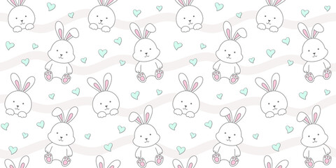 Cute rabbit and small hearts on a white background with waves. Endless texture with bunny, tiny hare. Vector seamless pattern for wallpaper, cover, wrapping paper, packaging, surface texture and print