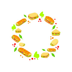 Vector sandwiches circle frame with greens isolated on white background, fast food illustration.
