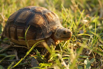 Close up African spurred tortoise resting in the Natural , Slow life ,Africa spurred tortoise sunbathe on ground with his protective shell ,Beautiful Tortoise