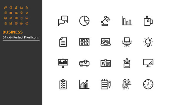 set of business line icons 64x64px, office, job, company, workplace