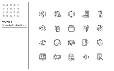set of money thin line icons 64x64 px, online payment, digital money, finance