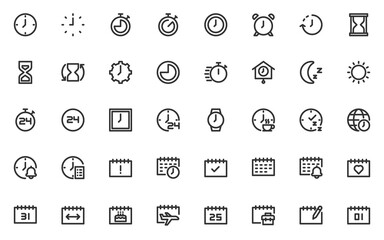 set of date and time line icons, calendar, schedule, clock,