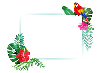 Naklejka premium 水彩 ハイビスカスとトロピカルな夏の背景フレーム