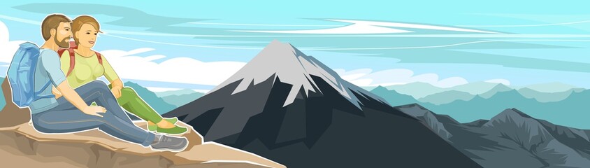 Man and woman are sitting on a cliff. Stone rock. Climber is resting at the height.Hiker with a backpack admires the view. Adventure over the horizon. Flat style. Snowy peak. Illustration vector