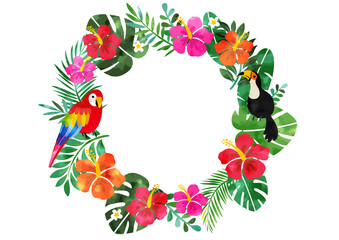 水彩 ハイビスカスとトロピカルな夏の背景フレーム