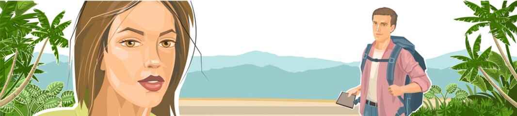 A beautiful tourist girl took a selfie with her boyfriend. Against the backdrop of mountains, misty distance and palm trees. Family travel. Flat style. Travel. Isolated illustration vector