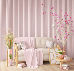 Interior design of modern living room with sofa and curtain, lamp and coffee table, 3d rendering