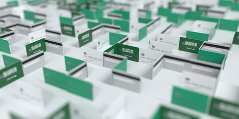 Fictional credit card maze with flag of Saudi Arabia. Financial problems related 3D rendering