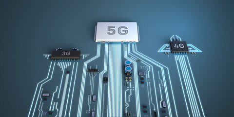 Abstract illustration of 5g, 4g, and 3g processors competing with each other. - obrazy, fototapety, plakaty