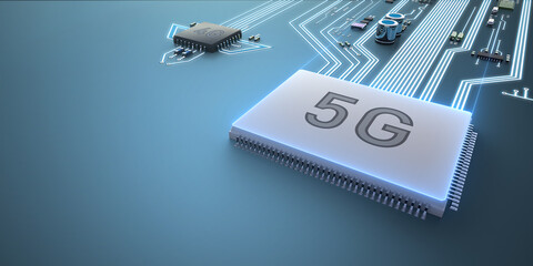 Abstract illustration of 5g and 4g processors competing with each other.