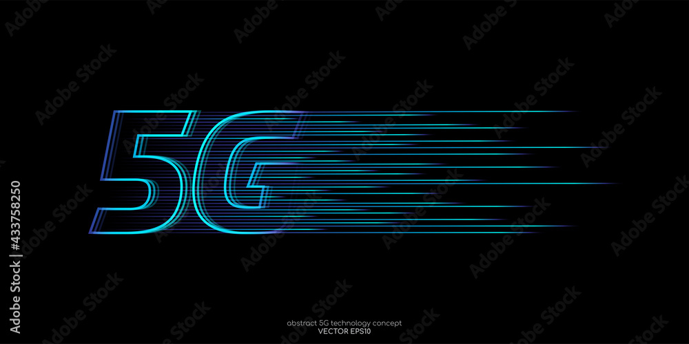 Poster Vector 5G hight speed network technology concept by blue light lines speed motion pattern isolated on black background for banner, logo, symbol.