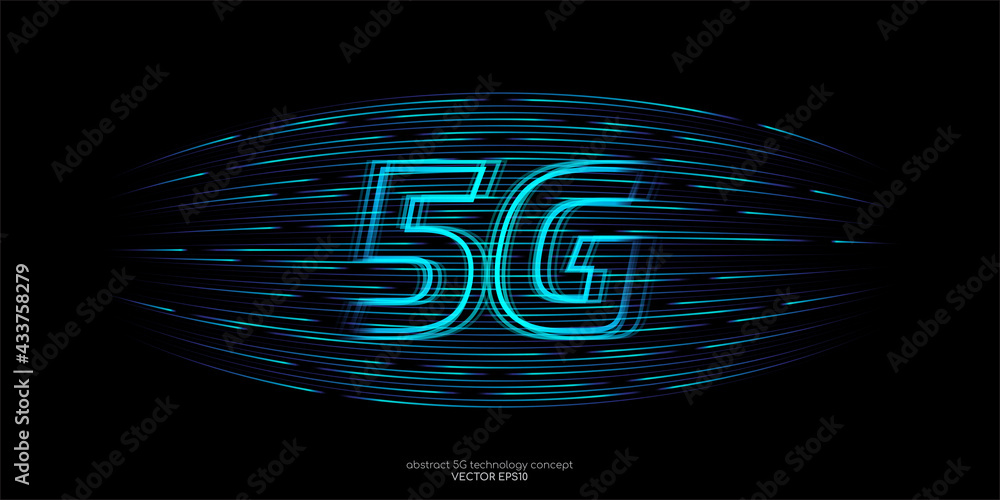 Aufkleber Vector 5G hight speed network technology concept by blue light lines speed motion pattern isolated on black background for banner, logo, symbol.