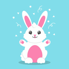 Cute rabbit throws confetti. Colored flat vector illustration isolated on blue background. Cartoon character.