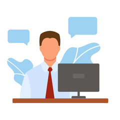 A male consultant is sitting at a computer. Office work. Customer service. Helping clients. Concept illustration for call center, support, hotline, telemarketing. Vector in flat style.