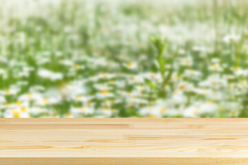 wood table top on blur camomile field background