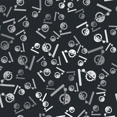 Grey Table saw for woodwork icon isolated seamless pattern on black background. Power saw bench. Vector