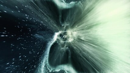 4K 3D seamless loop hyper jump in space by hyperspace. Abstract science fiction wormhole through time and space, warp gateway. Teleportation through green stream light vortex tunnel. Time travel. 