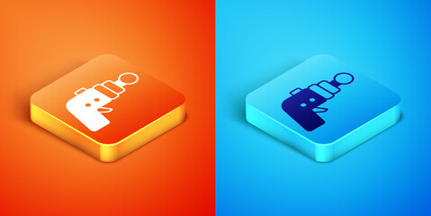 Isometric Ray gun icon isolated on orange and blue background. Laser weapon. Space blaster. Vector