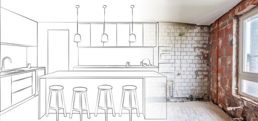 renovation concept drawing of a kitchen plan merge with interior photo -