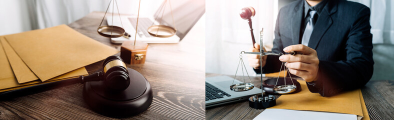 Business and lawyers discussing contract papers with brass scale on desk in office. Law, legal services, advice, justice and law concept picture with film grain effect