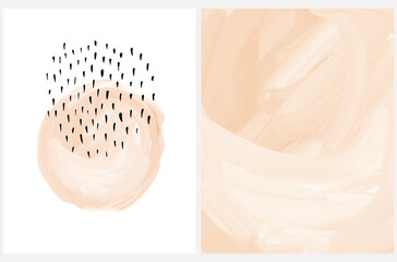 Digital Vector Painting with Light Brown Circle and Black Ink Spots. Abstract Minimalist Art. Blush Beige Background. Modern Print ideal for Card, Wall Art, Room Decoration.