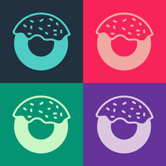 Pop art Donut with sweet glaze icon isolated on color background. Vector
