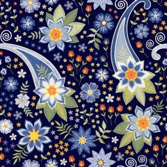 Beautiful seamless pattern with embroidered flowers on dark blue background. Print for fabric.