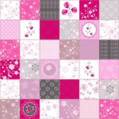 Beautiful seamless patchwork pattern with floral ornaments in pink colors.