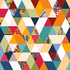 Bright seamless patchwork pattern with abstract ornament. Colorful print for fabric. - obrazy, fototapety, plakaty
