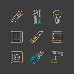 Home repair, electric icons set on dark background