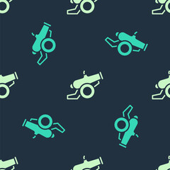 Green and beige Cannon icon isolated seamless pattern on blue background. Vector