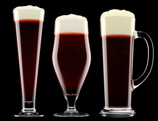Set of fresh beer in different mugs with bubble froth isolated on black.
