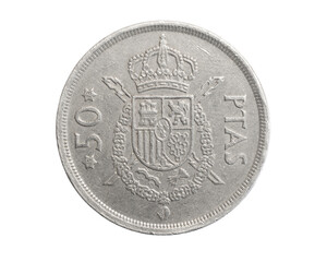 Spain fifty  ptas coin on a white isolated background