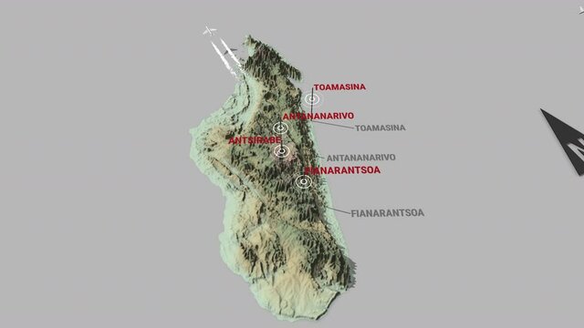Seamless looping animation of the 3d terrain map of Madagascar with the capital and the biggest cites in 4K resolution