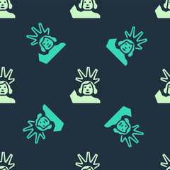 Green and beige Statue of Liberty icon isolated seamless pattern on blue background. New York, USA. Vector