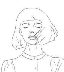 One line minimalism portrait of a girl. Abstract background. Beige tone wallpaper	