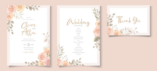 Fototapeta na wymiar Elegant wedding invitation template with peach color floral theme