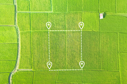 Land plot in aerial view. Gps registration survey of property, real estate for map with location, area. Concept for residential construction, development. Also house for sale, buy, investment.