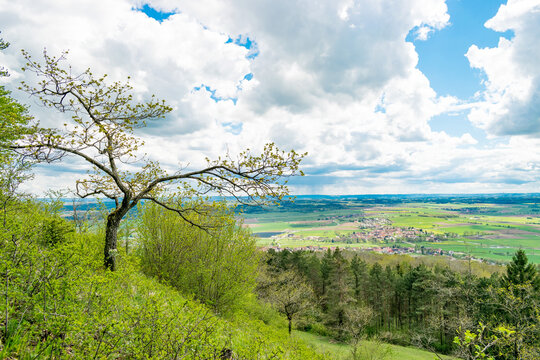 Fr&uuml;hlingslandschaft am Hang des Hesselberg mit frischem Gr&uuml;n an B&auml;umen und saftigen Wiesen, Blick vom Berg auf den Ort Ehingen.