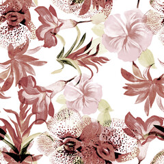 Brown Flower Textile. Gray Summer Texture. Seamless Palm. Watercolor Foliage. Pattern Palm. Floral Leaf. Exotic Palm. Botanical Textile.