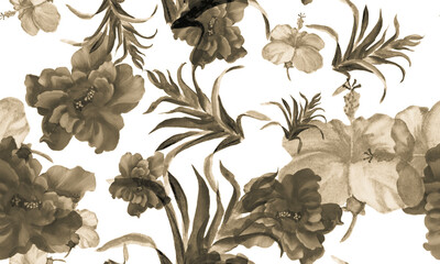 White Watercolor Texture. Gray Flower Texture. Black Seamless Garden. Pattern Garden. Tropical Set. Isolated Jungle. Fashion Painting. Botanical Textile.