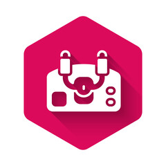 White Aircraft steering helm icon isolated with long shadow background. Aircraft control wheel. Pink hexagon button. Vector