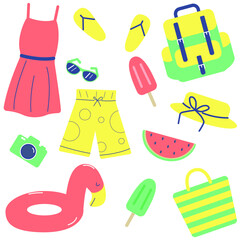 Summer bright sunny set. Set of summer accessories. Vector illustration in flat cartoon style. Tourism. Beach. Travel. Hike.