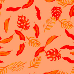Fototapeta premium Monstera Pattern Textile. Orange Seamless Textile. Nature Background. Red Watercolor Monstera. Tropical Design. Floral Painting. Summer Wallpaper.Isolated Palm.