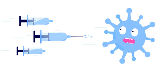 A frightened blue coronavirus flies away from three syringes with a vaccine. Vector illustration in flat cartoon style.