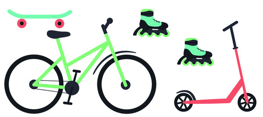 Set of bike, scooter, rollers and skateboard. Summer sports equipment. Transport. Bright summer stylish vector illustration in flat cartoon style.