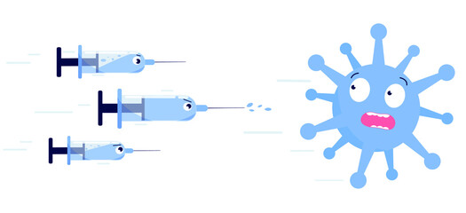 A frightened blue coronavirus flies away from three syringes with a vaccine. Vector illustration in flat cartoon style.