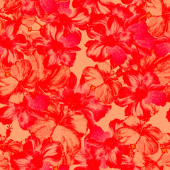 Coral Hibiscus Set. Scarlet Seamless Foliage. Fuchsia Flower Leaves. Pink Watercolor Background. Red Pattern Design. Scarlet Tropical Backdrop. Summer Jungle.