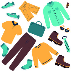 Set of stylish men's clothing. Summer, spring, autumn men's clothing. Vector illustration in flat cartoon style.