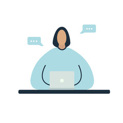 Stylish girl in a blue sweatshirt with a short haircut works at a laptop. Vector illustration in a flat style.Working on the Internet.